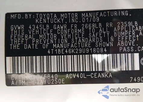 2009 Toyota Camry from USA, damaged, VIN 4T1BE46K29U918084